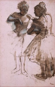 二人の踊り子、1873年（紙に濃い茶色のウォッシュと白いガッシュ） 作： Edgar Degas